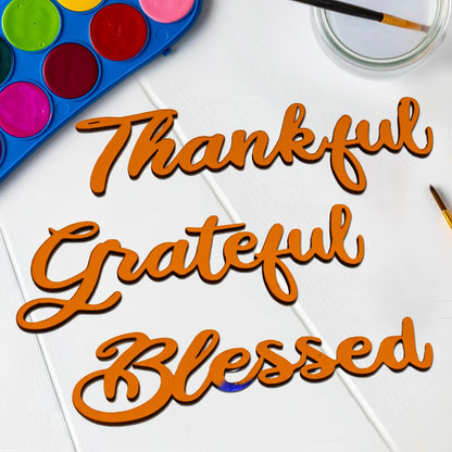 Zaruatu 3 Pcs Unfinished Wood Thanksgiving Cutout Thankful Grateful Blessed Word Sculptures Sign Wooden Letter Decorations for Wreath DIY Crafts Door Hanger Wall Art Decor (Orange-Thankful)