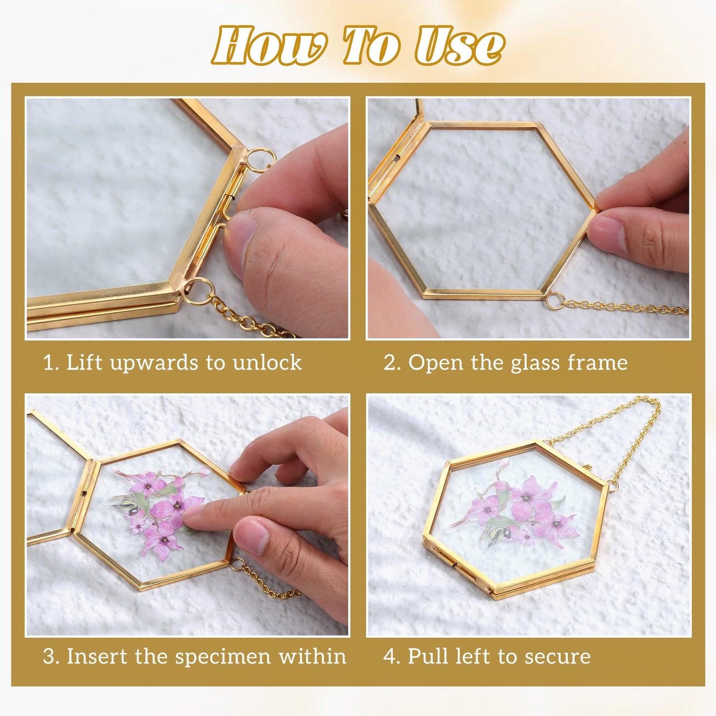 Yuanan 8 PCS Double Glass Frame for Pressed Flowers Handmade, 4 X 3 Inch Pressed Flower Frames with Metal Chain Brass Hanging Glass Frame for DIY Dried Flower, Art Display and Wall Decoration-Gold