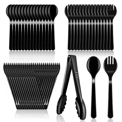45Pcs Plastic Serving Utensils Set Black Disposable Serving Spoons Tongs Forks for Serving Food Heavy Duty Large Serving Utensils Supplies for Parties Buffet Restaurant Dinner