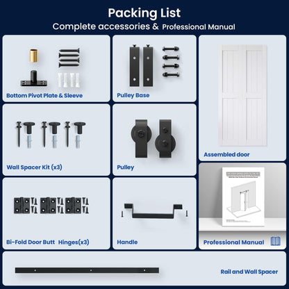 Bifold Barn Door 24" x 84", MDF Bi-Fold Sliding Closet Doors with Hardware Kit Included, Pre-Finished Easy Assembly, Water-Proof PVC Surface & Save Space, H-Frame, 28" Track for 2 Doors,White