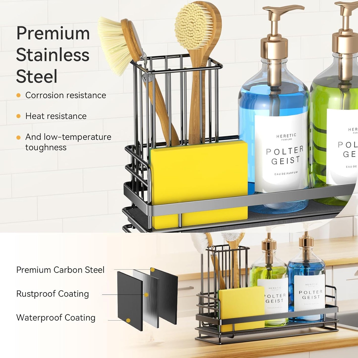 Set, Counter 8.1x3.5x4.5 Yofidra Sink Caddy With Stone Drying Tray: Stainless Steel Soap Dispenser Kitchen Sink