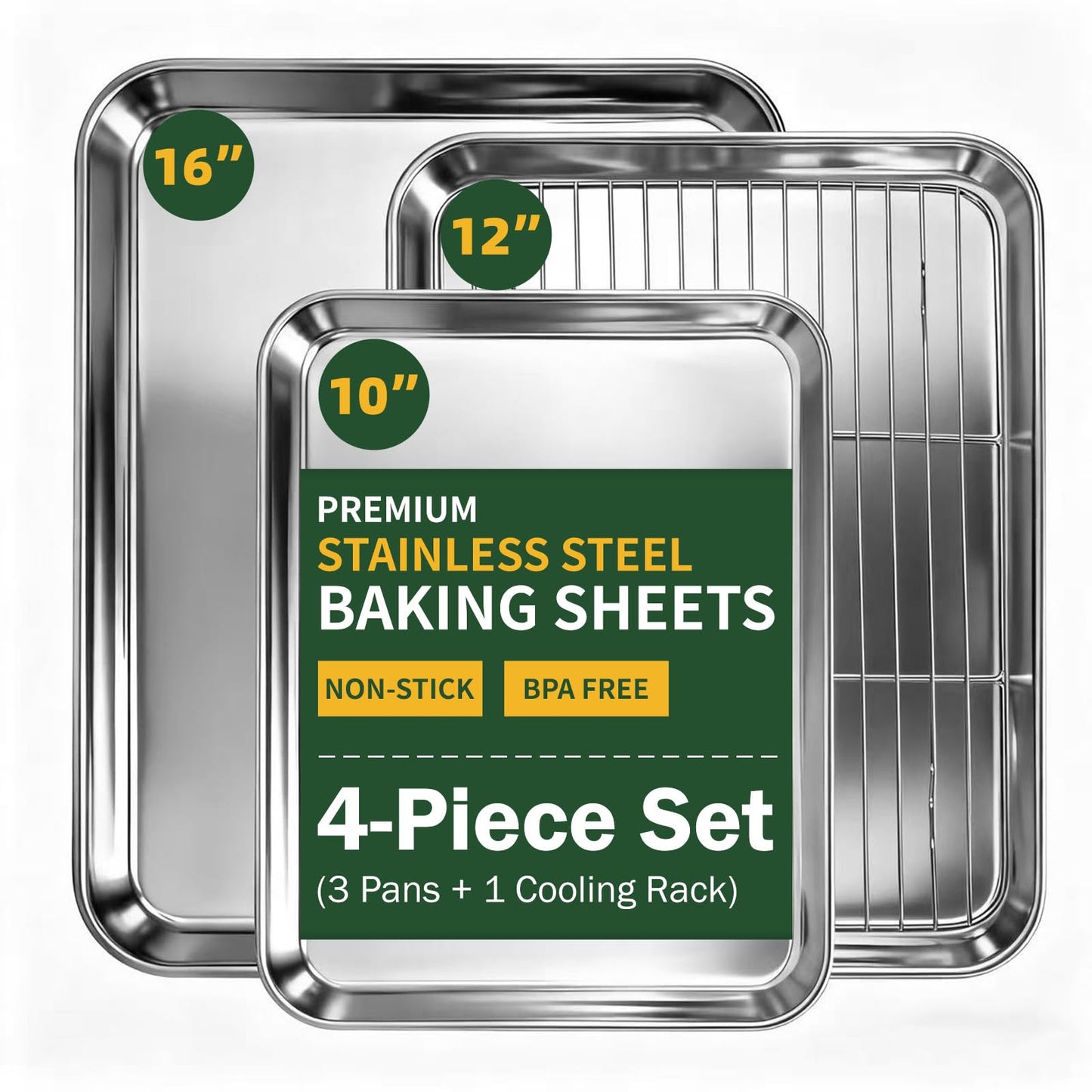 4-Piece Baking Sheet Set with Cooling Rack, Stainless Steel Cookie Sheets & Baking Pans Set, Non-Stick Cookie Trays for Oven Roasting & Food Prep, BPA-Free 10/12/16 Inch