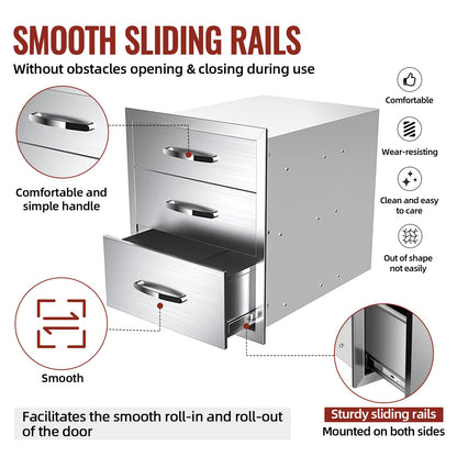 Migoda Outdoor Kitchen Drawers Stainless Steel, BBQ Drawer Inserts for Built-in Patio Grill Station, Triple Drawer, 16''W x 21''H x 23''D