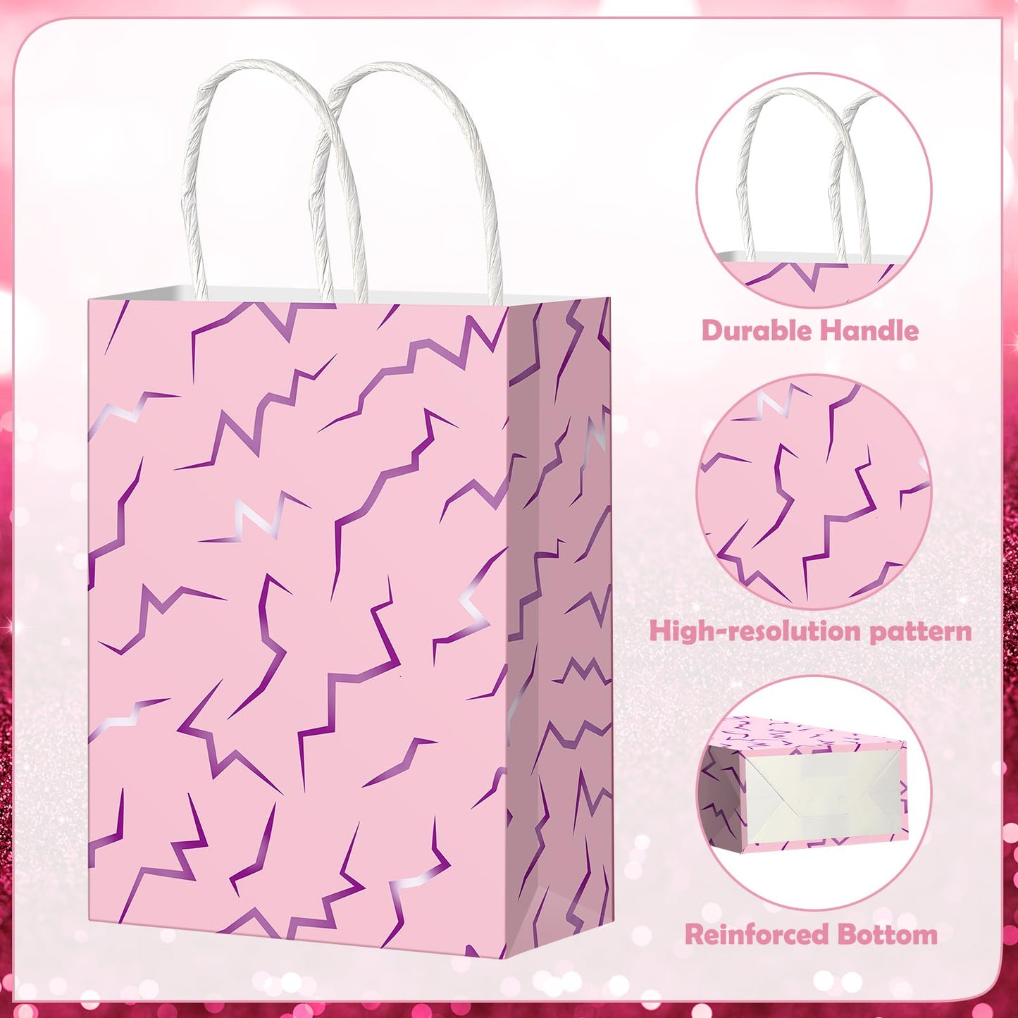 Hauwellter 24 Pcs Kpop Party Favor Bags, Pink and Purple K Pop Themed Kraft Paper Gift Bags with Handles, Bulk Goodie Treat Bag for Kpop Disco Halloween Birthday Party Supplies Decorations