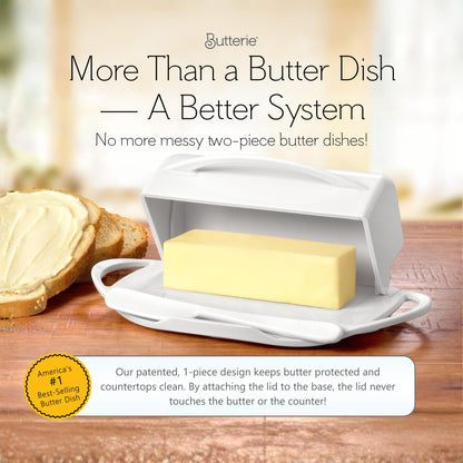 Butterie Flip Top Butter Dish with Attached Lid & Matching Knife - Holds 2 Sticks, Fits Kerrygold/European Butter - BPA Free & Dishwasher Safe - White