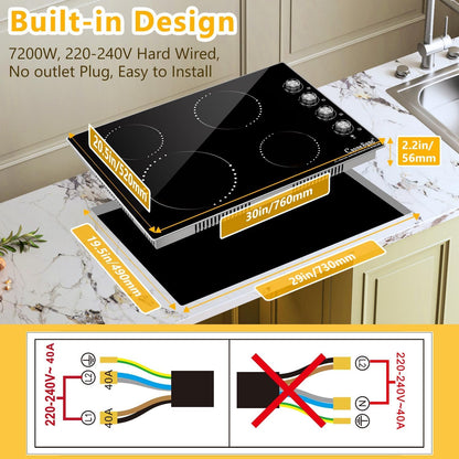 Cusinesync 30 Inch Built-In Electric Ceramic Glass Cooktop, 4 Burners, 7200W Total Power, Knob Control, Compatible with Flat-Bottom Cookware, 220-240V Hardwired