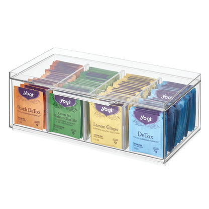 iDesign XL Tea Bag Organizer for Counter, 4-Section Clear Stackable Tea Storage Drawer for Cabinet