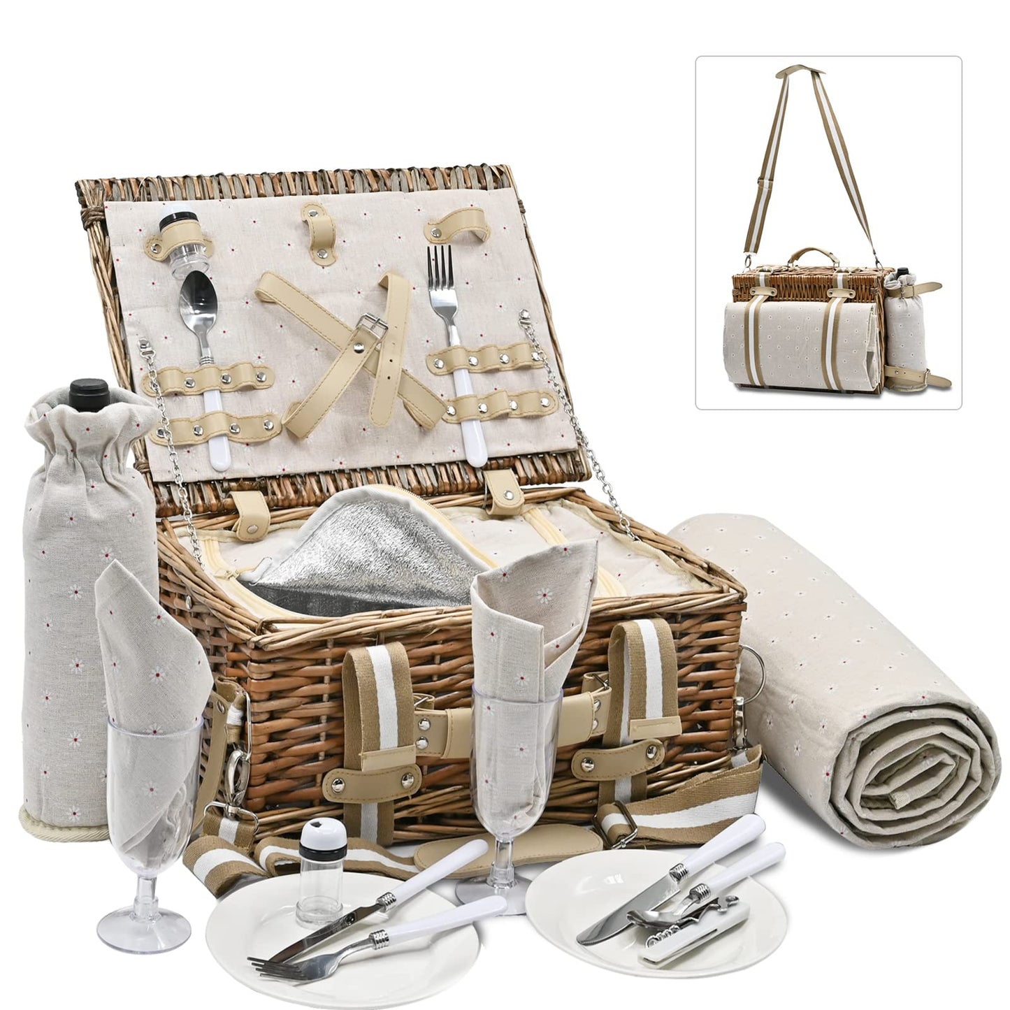 19Pcs Picnic Basket for 2 with Insulated Liner and Waterproof Picnic Blanket Wine Pouch, Large Wicker Picnic Hamper for Camping,Outdoor,Valentine Christmas for Couples