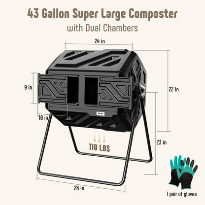 Werph 43 Gallon Compost Bin with Gloves, Fast Assembly & Easy Setup Outdoor Compost Tumbler, Updated Dual Chamber Tumbling Composter for Garden, Kitchen, and Yard Waste, Black