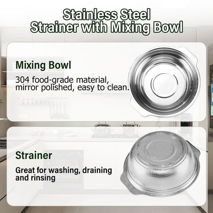 Extra Large 5.5QT Stainless Steel Colander, Large Capacity Rice Colander with Mixing Bowl, Rice Strainer for Vegetables, Fruit, Spaghetti, Pasta Strainer, Dishwasher Safe(2PC)
