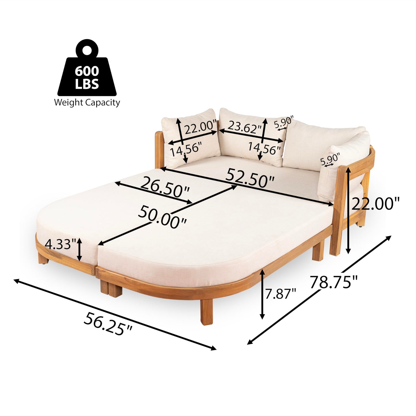Christopher Knight Home Donovan Acacia Wood Outdoor Daybed with Cushion, Spacious Seating Lounge Sofa, Tub-Shaped Back Daybed, Curved Armrest Chaise Lounge Outdoor for Poolside Backyard, Teak+Beige