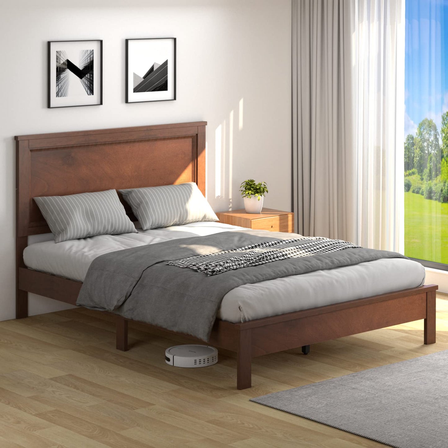 KOMFOTT Full Size Wood Platform Bed Frame with Headboard, Wooden Mid Century Platform Bed with Slat Support & Under Bed Storage, Mattress Foundation Bed Base, No Box Spring Needed, Walnut