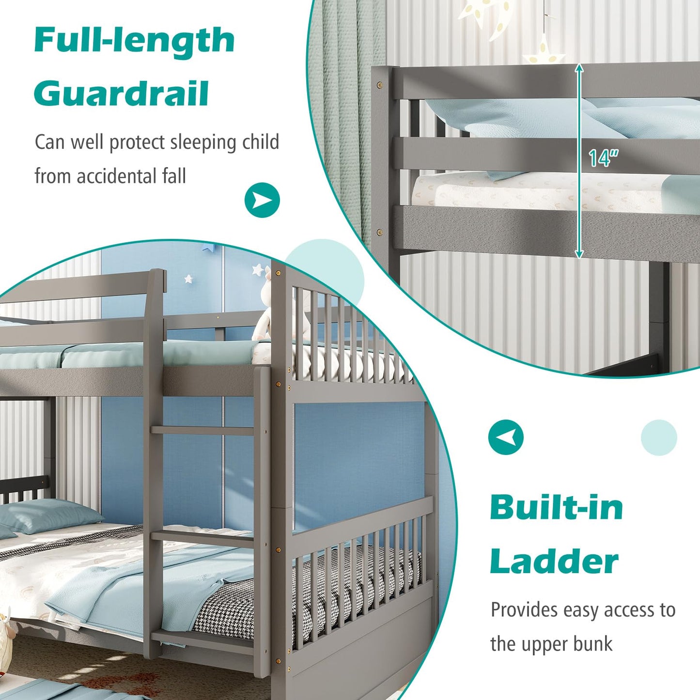 Giantex Full Over Full Bunk Bed with Trundle, Solid Wood Trundle Bed Frame w/Guardrails and Ladder, Convertible to 2 Beds, Full Size Bunk Beds for Adults Kids Teens, No Box Spring Needed, Grey