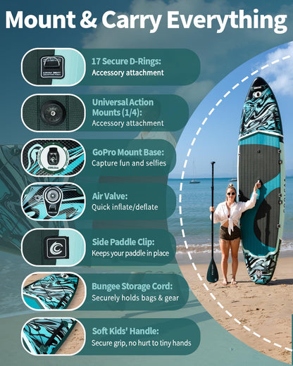 COOLCAA Mermaid 11'6" Inflatable Stand-Up Paddle Board, 490Lbs Capacity SUP Board with 34'' Extra Wide, Fishing Paddleboard with Accessories & Bag for Adults Youth (Phantom Stream)