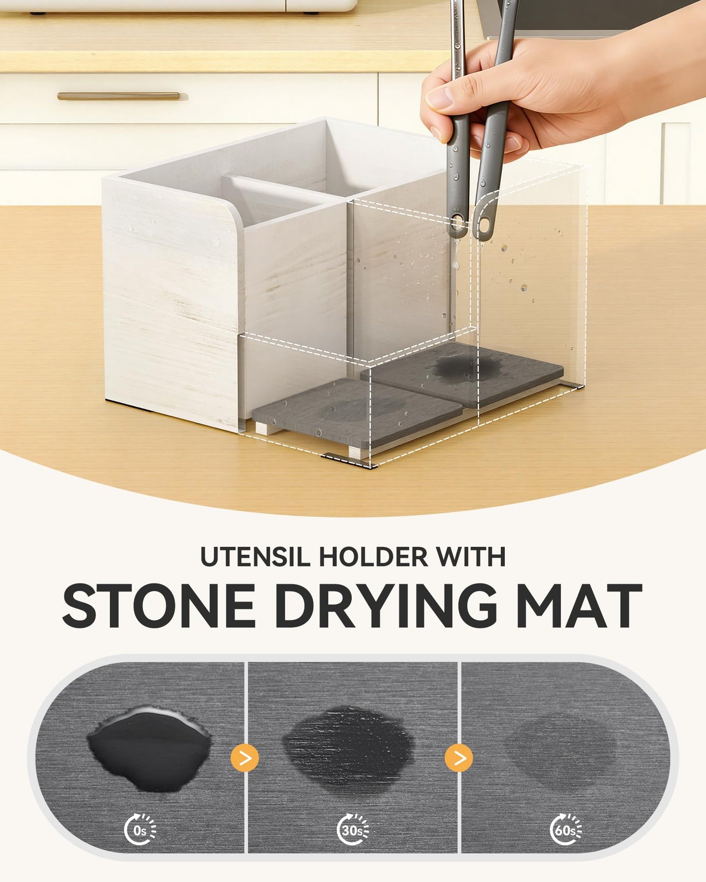 Yofidra Kitchen Utensil Holder with Stone Drying Mats, 4 Compartments Corner Utensil Holder for Kitchen Countertop, Extra Large Silverware Organizer (White)
