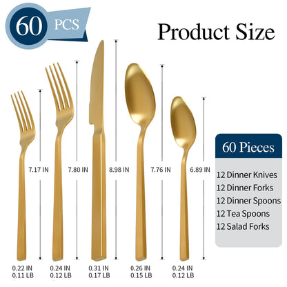 SILWELL Gold Silverware Set 60-Piece 18/10 Stainless Steel Cutlery Matte Polished Cuboid Handle Flatware Sets Service for 12