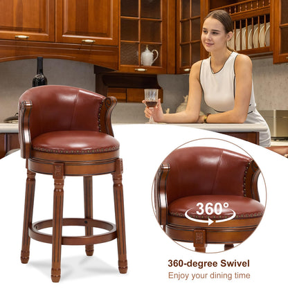 CozyRain Bar Stools Rubber Wood Counter Height Bar Stool Leather Upholstered Swivel Barstools with Back & Footrest for Home,Kitchen,Counter,Dining Room (Brown, Seat Height 26 in)
