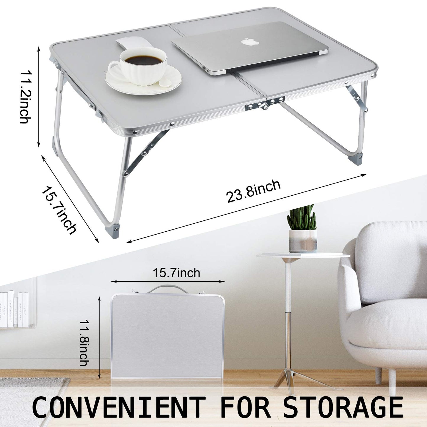 RAINBEAN Foldable Laptop Table for Bed Lightweight Breakfast Bed Tray Portable Mini Picnic Storage Space Standing Holder, Folding Leg Desk Notebook Lap Table for Kids Reading -Silver