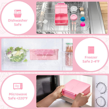 JSLOVE Bento Lunch Box with Leak Proof Thermos Food Jar for Kids, Food Lunch Containers for Girls with 4 Compartments, BPA-Free with Utensils, Food Picks, Sauce Jar & Silicone Lunch Box Dividers