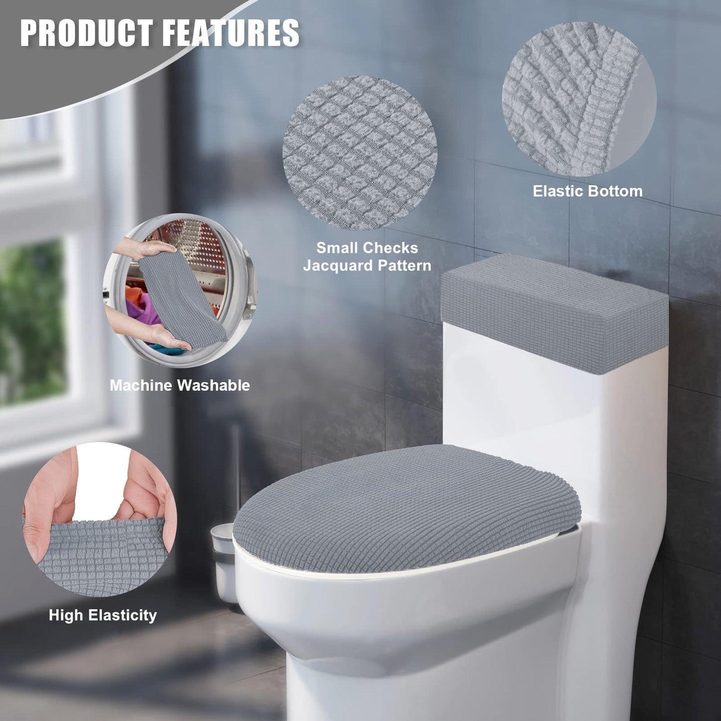 Toilet Lid Cover and Toilet Tank Cover Stretch Toilet Covers Set for Bathroom, Polyester Spandex Jacquard Fabric, Machine Washable, with Elastic Bottom, Light Gray
