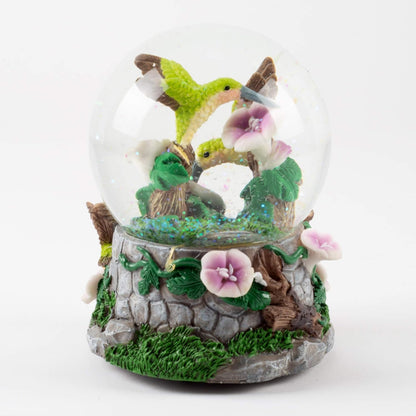 Elanze Designs Green Family Hummingbirds with Purple Flowers Bird Tabletop Figurine, 100MM Glitter Water Globe