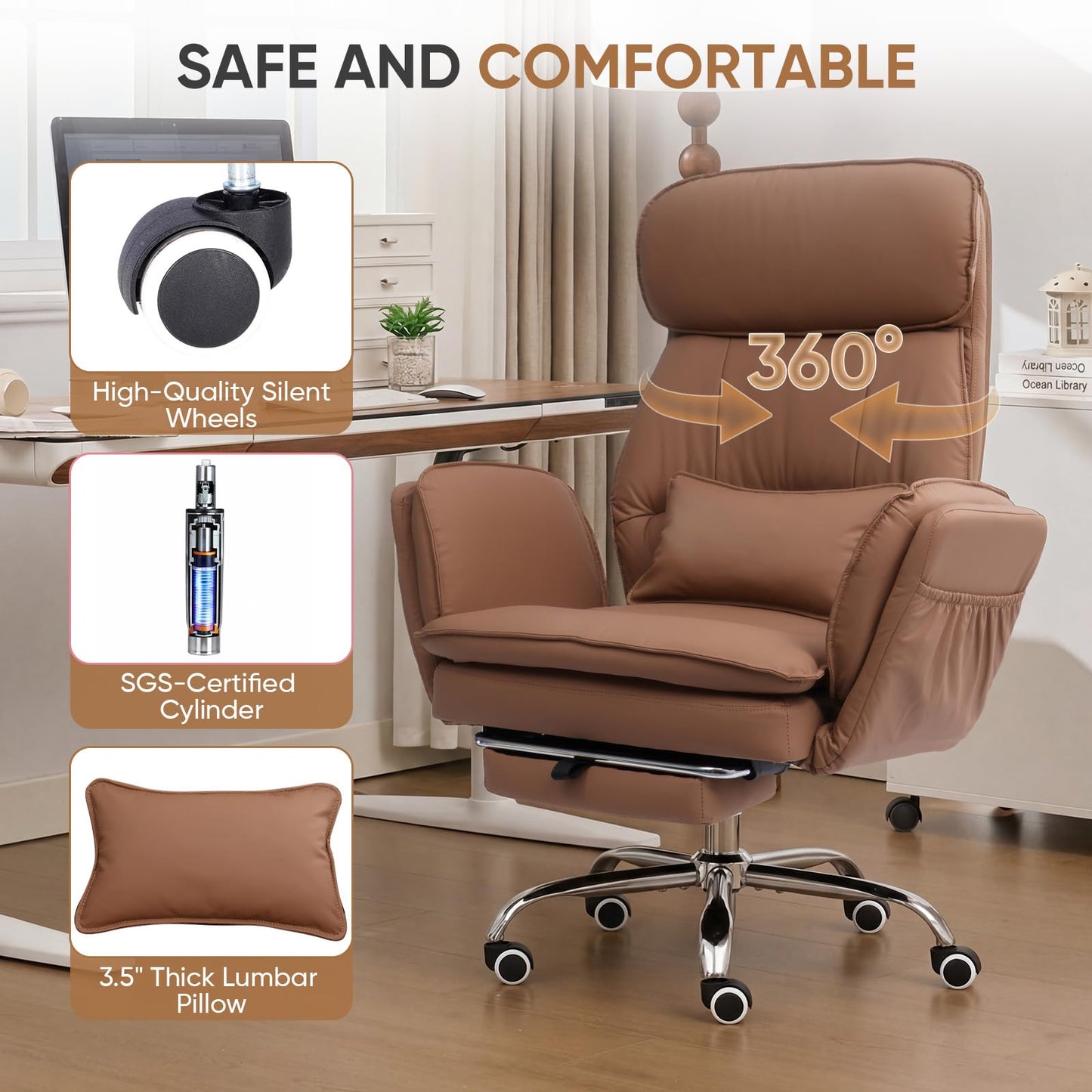 EGSEAT Big and Tall Office Chair with Flip Armrests, Cross Legged Office Chair with Storage Pockets, Comfortable Reclining Computer Chair with Foot Rest, Wide Home Office Desk Chair, Leather Brown