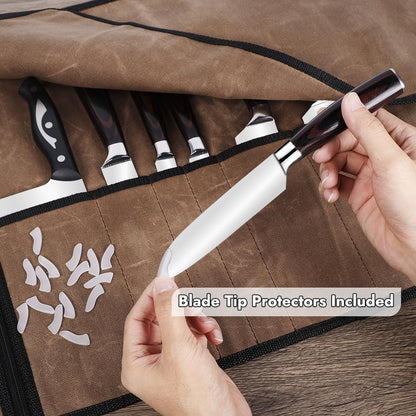 JOINDO Knife Roll with Leather Straps and Metal Buckles, Double Layer Waxed Canvas Knife Bag, Large Chef Knife Bag with Handle and Shoulder Strap