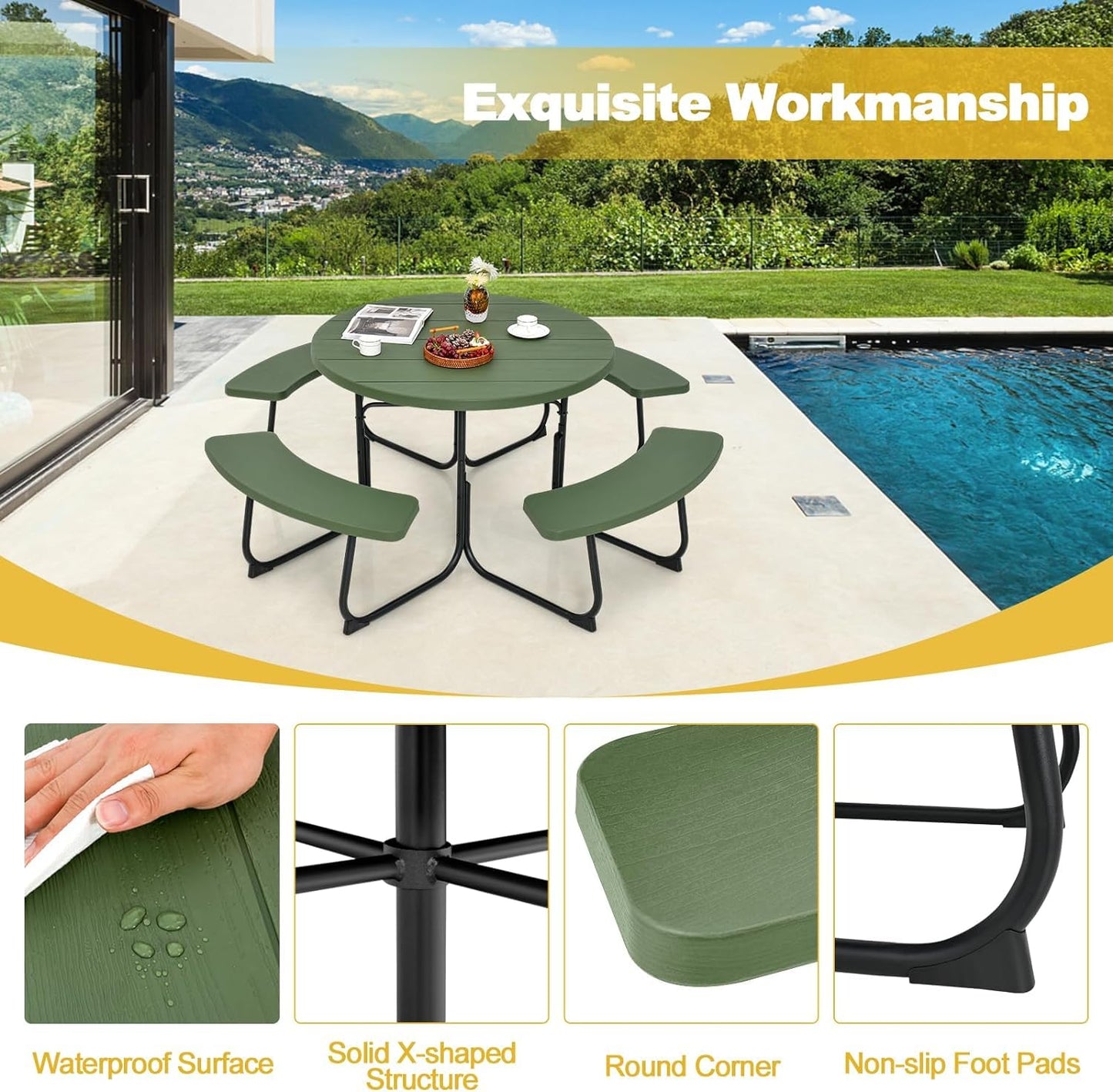 Julimoon Round Picnic Table for Outdoors, 8 Person Outdoor Picnic Tables & Benches Set with Umbrella Hole, HDPE Tabletop & Metal Frame, 2000 LBS Capacity Table Bench Set for BBQ, Garden, Lawn, Patio