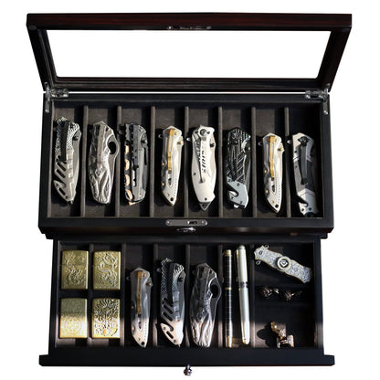 Besforu Pocket Knife Display Case for men collection holder 15-17 folding knife with Walnut Finish Two-Tier Knife organizer storage box with Real Glass Window Top (ebony veneer with draw)
