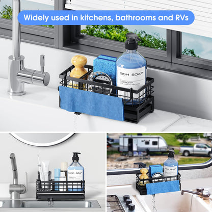 DYFVREN Kitchen Sink Sponge Holder, Rustproof Non-Slip Self-Draining Metal Sink Caddy with Detachable Dish Cloth Holder (Black)