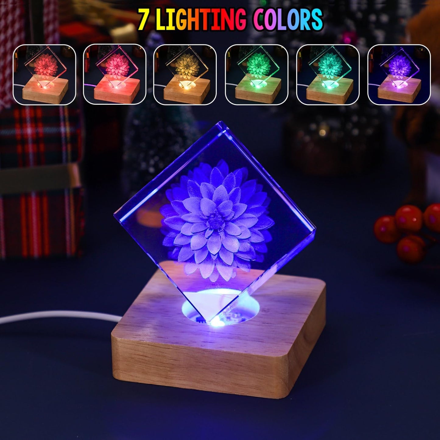 Facmogu Wooden LED Lights Display Stand, Multicolor Premium Rubber Wood, 6 LED for Selenite Tower and 3D Laser Crystal