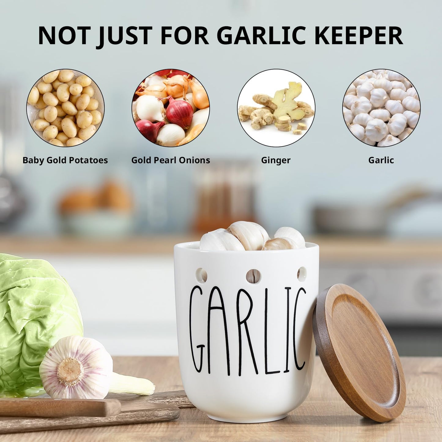 CMLKLZD Ceramic Garlic Keeper for Counter, Large Garlic Holder with Acacia Wood Lid, Farmhouse Garlic Storage Container, Garlic Saver for Kitchen, White