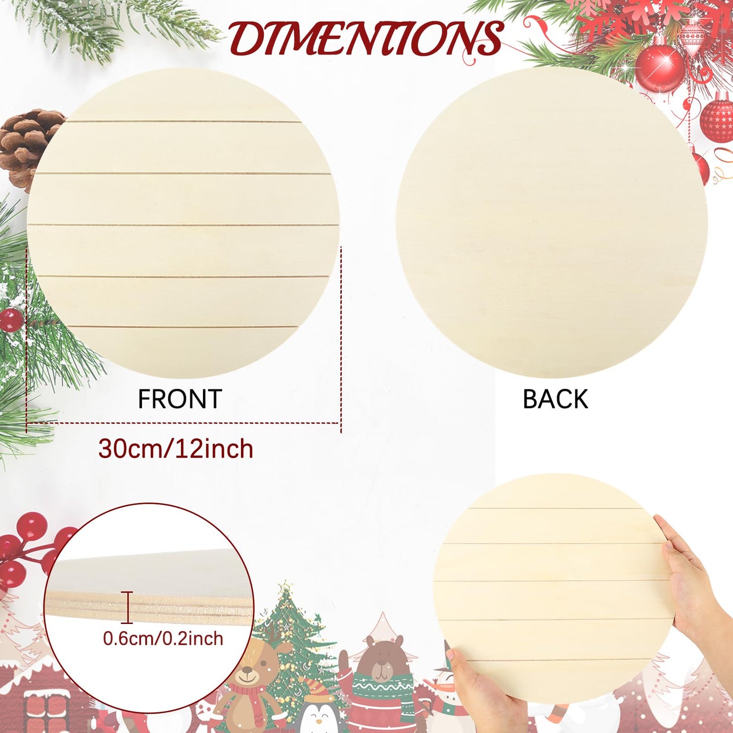 Whaline 5 Pcs 12 Inch Christmas Wood Circles for Crafts Xmas Rustic Unfinished Wooden Signs Blank Round Wood Slices for Christmas Winter Holiday Party Decor DIY Painting Art Craft
