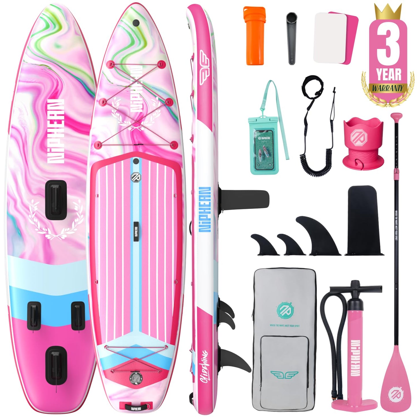 Niphean (Extra Large) Inflatable Paddle Board, SUP for 2+1 People/Family 500lbs Capacity Stand Up Paddle Board with SUP Accessories, StabilTrac Fin Non-Slip Paddleboard for Adults-Rose Red