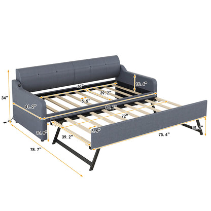 GDFStudio Twin Size Upholstered Daybed with Trundle and USB Charging Port, Pop-Up Trundle Flat or Elevated, Woven Fabric Day Bed Frame with Backrest and Armrests, Gray