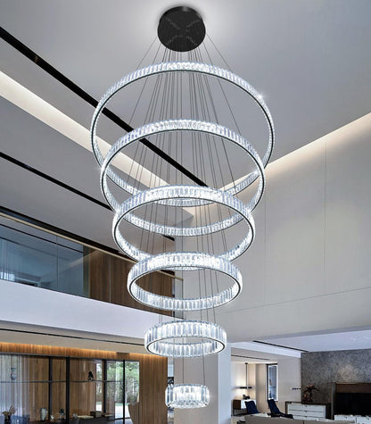 dolria Large Ring Chandelier Modern Crystal Chandeliers for High Ceiling Round LED Dimmable Ceiling Light Fixture for Foyer Long Stair Black 8''+16''+24''+32''+40''+47''