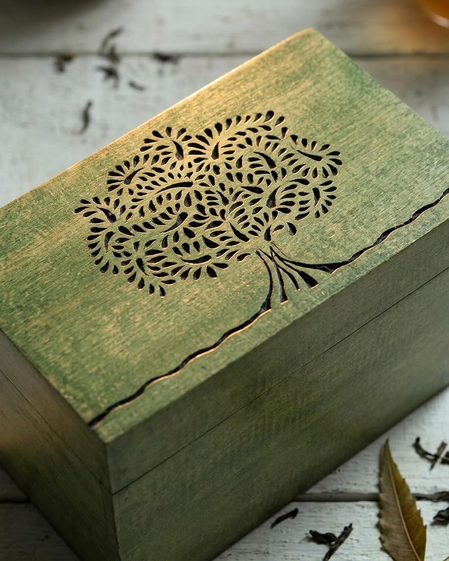 STORE INDYA Wooden Tea Storage Box Compact Organizer Handcrafted with Embossed Tree of Life Design