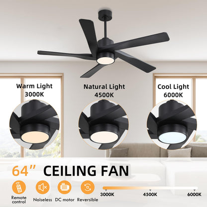 WINGBO 64" ABS DC Ceiling Fan with Lights, 5 Blade ABS Plastic Ceiling Fan with Remote, 6-Speed Reversible DC Motor, LED Ceiling Fans for Kitchen Bedroom Living Room, Matte Black