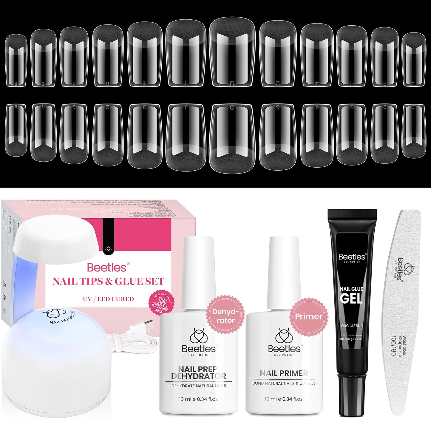 Beetles Gel Nail Kit Short Almond with Nail Dehydrator and Primer, 576Pcs Half Matte Etch-X Gel Nail Tips Solid Nail Glue Mini Nail Lamp Acrylic Nail Tips Easy DIY Nail Extension Set Gift for Women