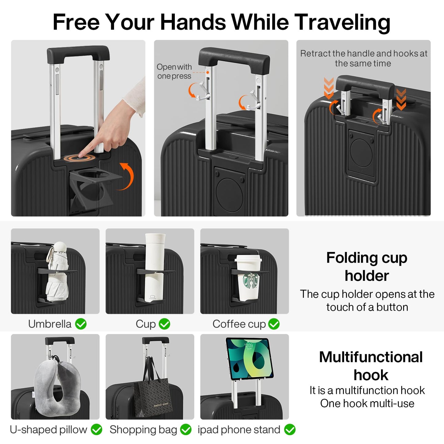 mixi Checked Luggage with Cup Phone Holder Hard Shell Rolling Travel Suitcases with Spinner Wheels,26 Inch Black
