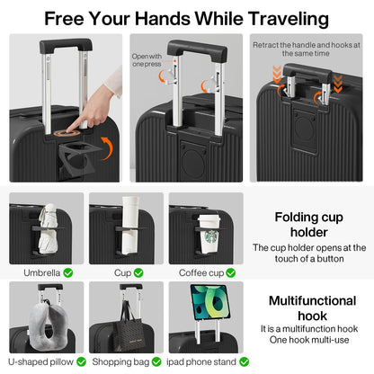 mixi Checked Luggage with Cup Phone Holder Hard Shell Rolling Travel Suitcases with Spinner Wheels,26 Inch Black