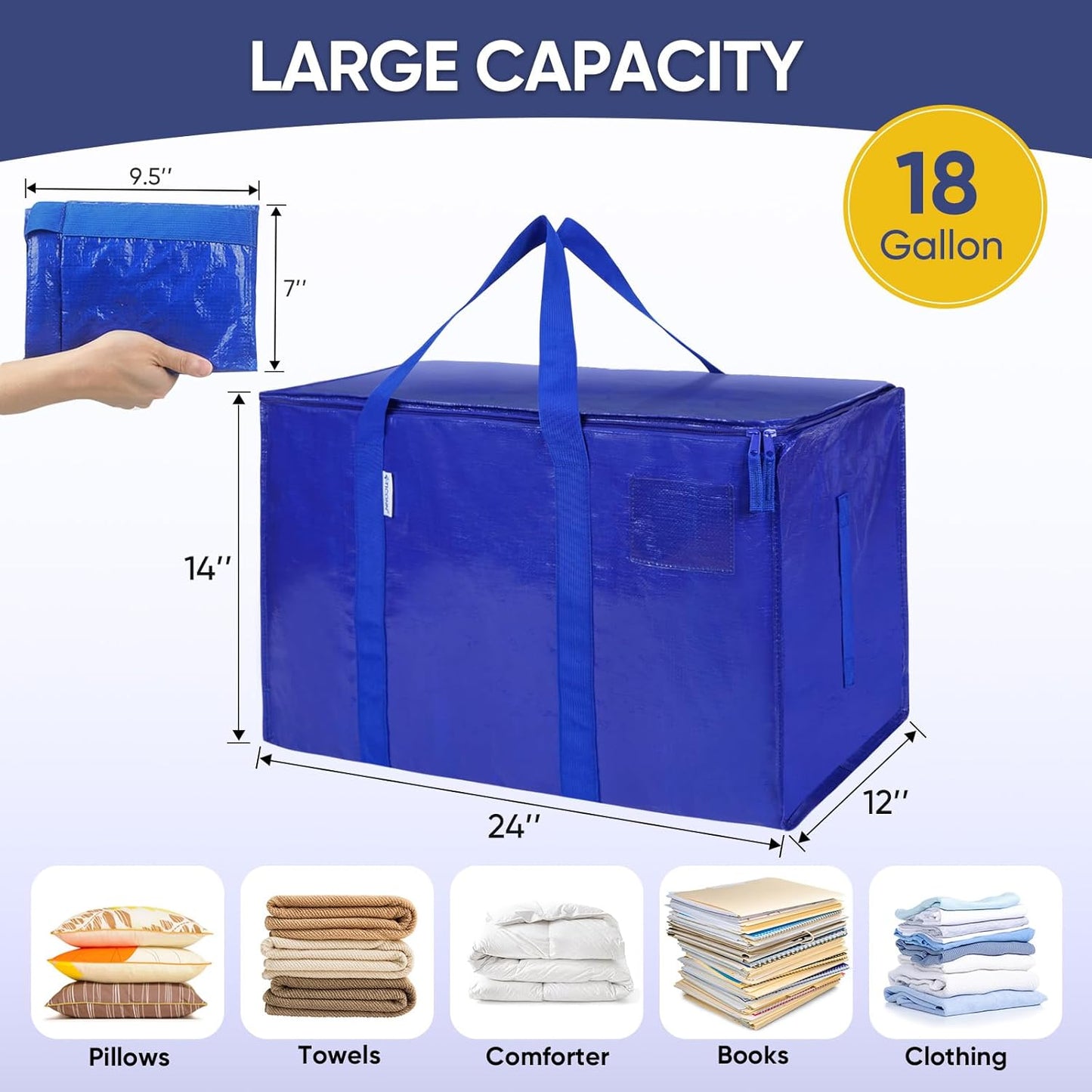 TICONN Extra Large Moving Bags - Heavy-Duty Storage Totes with Zippers & Handles | 18 Gallon, 2 Pack