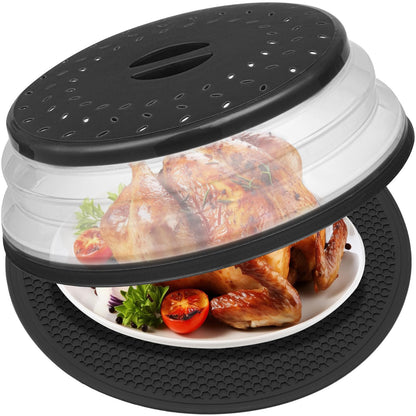 MAGJIUKE 12" Microwave food Cover & Mat,Large Vented Collapsible Splatter Guard dish Plate lid & Silicone Round Kitchen mat