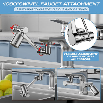 1080° Rotating Faucet Extender, Brass Faucet Multi-functional Spray Nozzle Extender, Universal 36° Rotating Mechanical Arm Bathroom Faucet Extender, Kitchen Extend Filter, 2 Modes Spray
