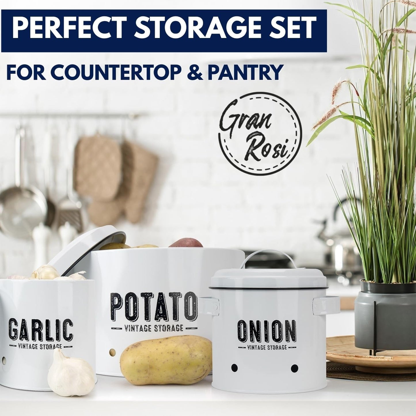 Granrosi Kitchen Vegetable Storage Set for Pantry & Countertop — Set of 3 Kitchen Containers Including Potato Bin, Onion Keeper & Garlic Storage; Rustproof Metal & Aeratic Holes; Farmhouse Style