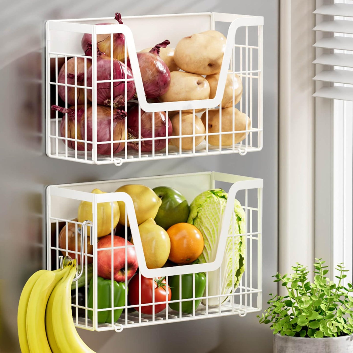 YIWANFW 2 Set Magnetic Fridge Shelf, White Magnetic Fruit Basket for Refrigerator Organizer Storage, Potato and Onion Storage Bins, Wire Baskets Magnet Rack for Laundry Washing Machine Kitchen Shelves