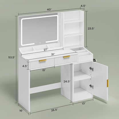 YITAHOME Large Makeup Vanity Desk with Mirror and Lights, Fluted Vanity Table with 2 Drawers & Adjustable Shelves, Makeup Mirror in 3 Modes Lighting, Dressing Table Set w/Charging Station, White
