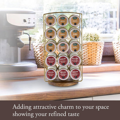 MyGift Modern Brass Tone Plated Metal and Brown Mango Wood Coffee Pod Holder Stand, Handcrafted in India