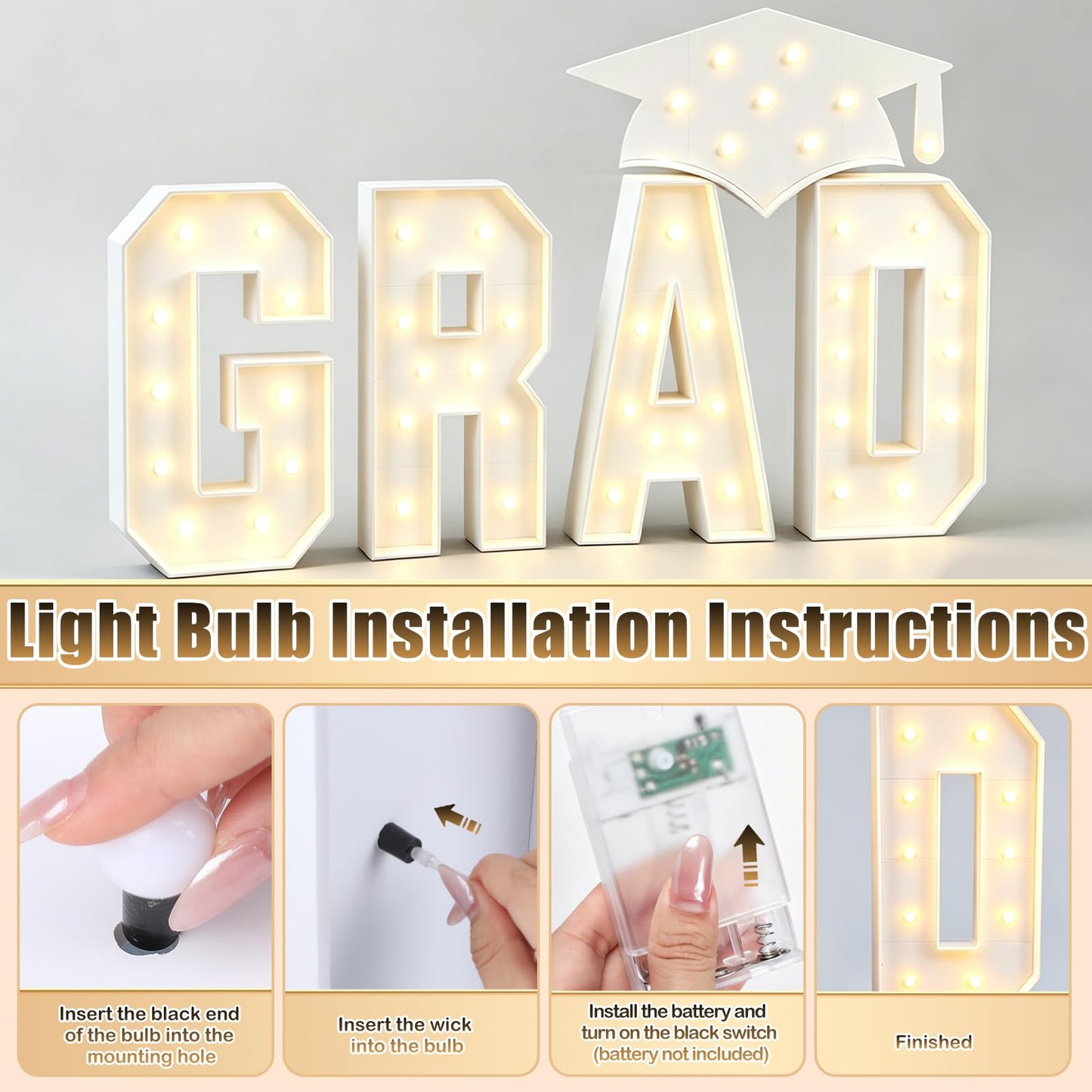 Zealor 2026 Graduation Decorations 3.3FT GRAD Marquee Letters with Lights Class of 2026 Large Prom Light-Up Letters with Graduation Hat Pre-Cut Foam Board Frame for Ceremonies Party Senior Photo Props