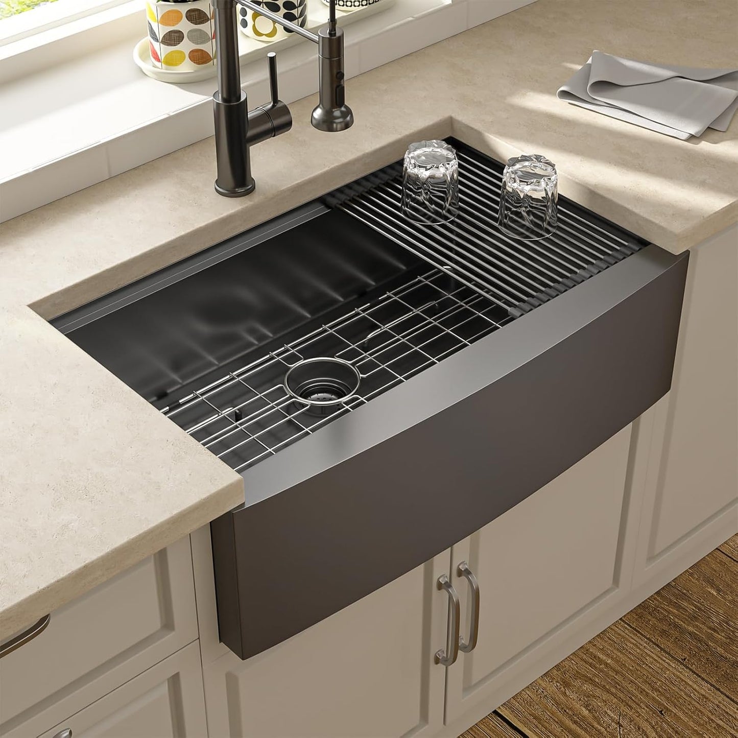 30 Black Farmhouse Sink - Lordear 30 inch Farm Kitchen Sink Workstation Apron Front 16-Gauge Gunmetal Black Stainless Steel Single Bowl Deep Kitchen Farmer Sinks, 9" Apron Height